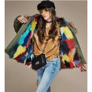 💥STUNNING!💥 Reversible 2-in-1 Green Parka w/ 100% Silver Fox Fur Vest in Multi